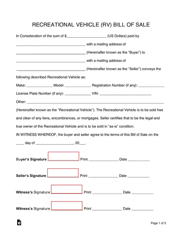 RV Ownership Transfer Bill of Sale