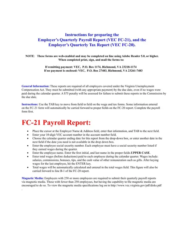 Virginia Quarterly Payroll and Tax Reports - VEC FC-20 and FC-21