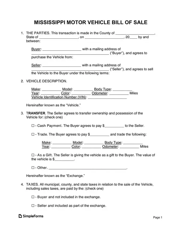 Mississippi Vehicle Ownership Transfer with Notary Acknowledgment
