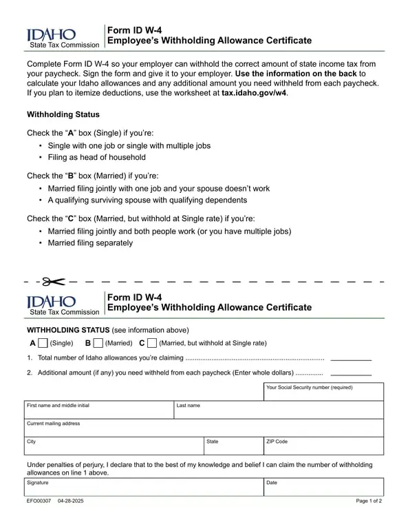 Idaho Employee’s Withholding Allowance Certificate ID W-4