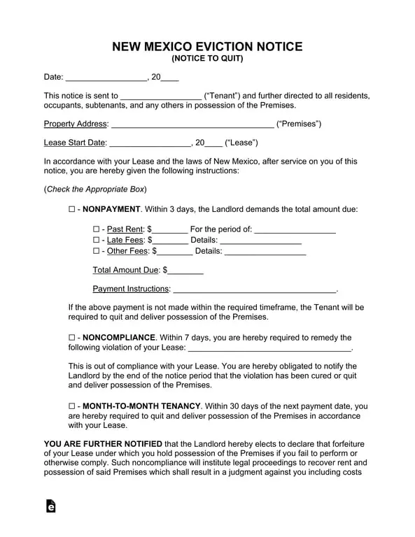 Get the most current New Mexico 3 Day Eviction Notice Details form now