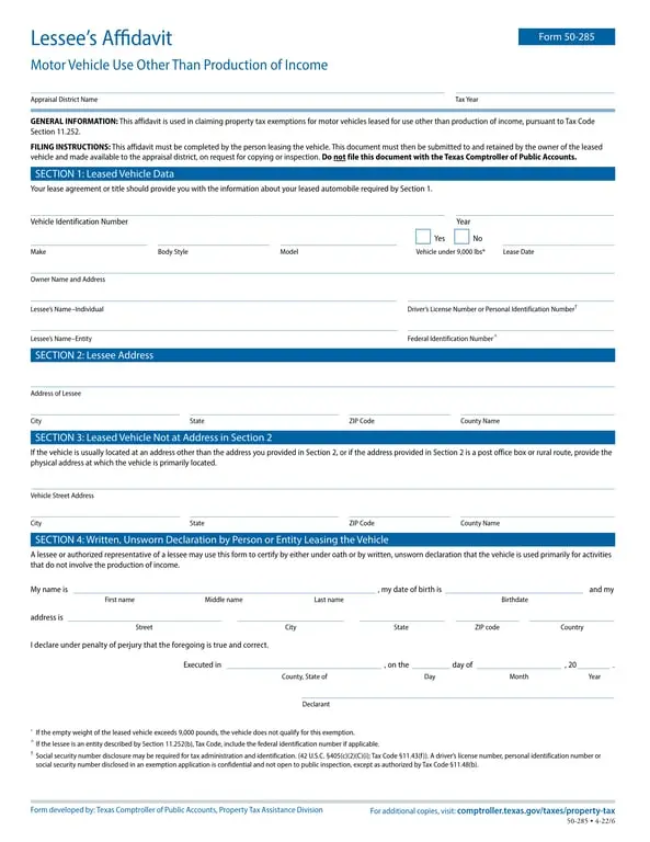 Get the most current 50-285 Lessee's Afficavit for Texas Property Tax Exemption on Leased Vehicles form now