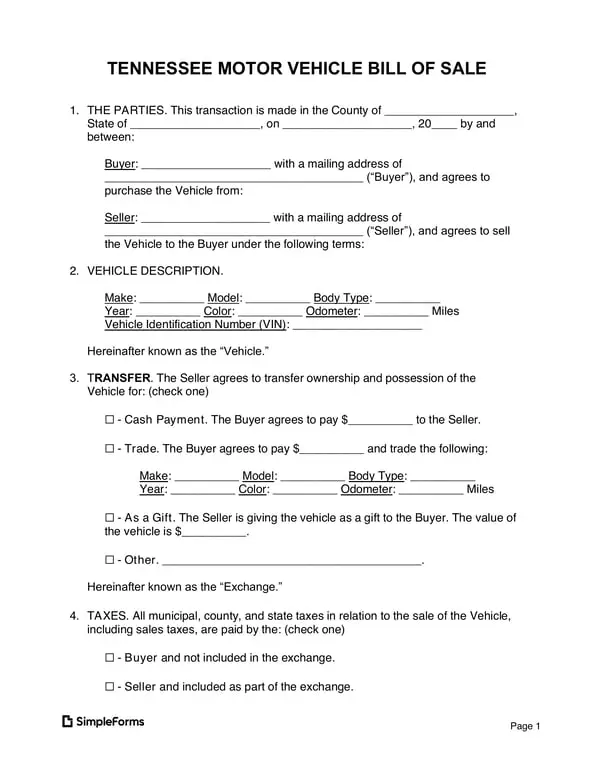 Get the most current Tennessee Vehicle Sale Agreement Details form now