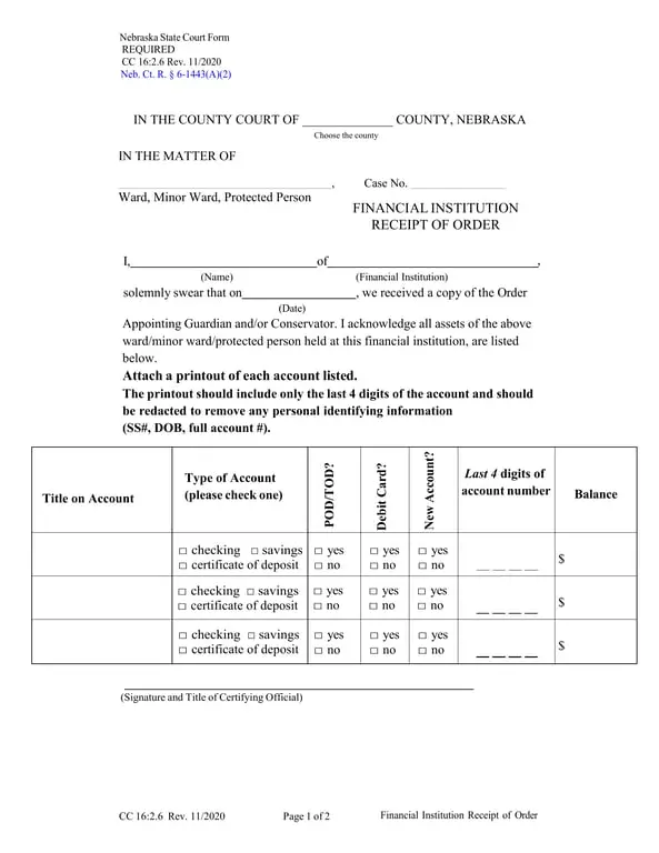 Get the most current Nebraska Financial Institution Receipt of Order Acknowledgment and Account Details form now