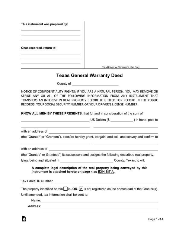 Get the most current Texas Real Estate Ownership Transfer Warranty Deed - Confidentiality Rights Included form now