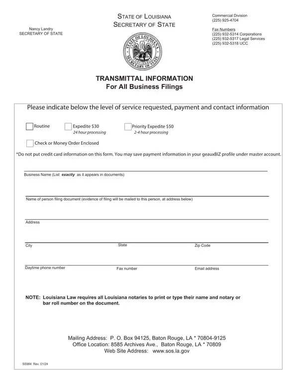 Get the most current Louisiana Business Filings Transmittal Affidavit - Details and Notary Roll Number Requirement form now