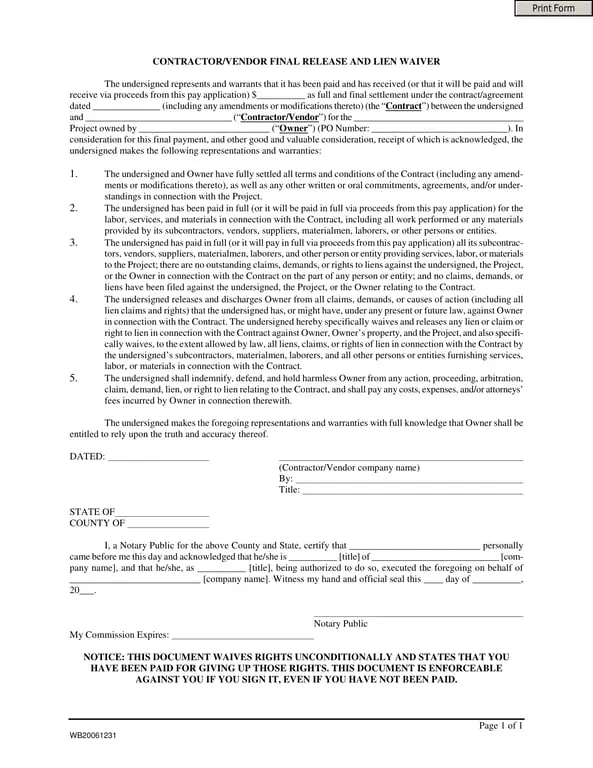 Get the most current Final Settlement and Lien Waiver for Contractors and Vendors form now