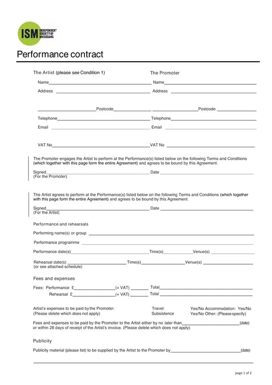 Get the most current Artist Performance Contract Agreement PDF form now