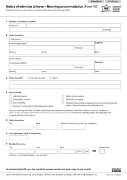 AU RTA 13 - Notice of Intention to Leave Rooming Accommodation in Queensland form preview