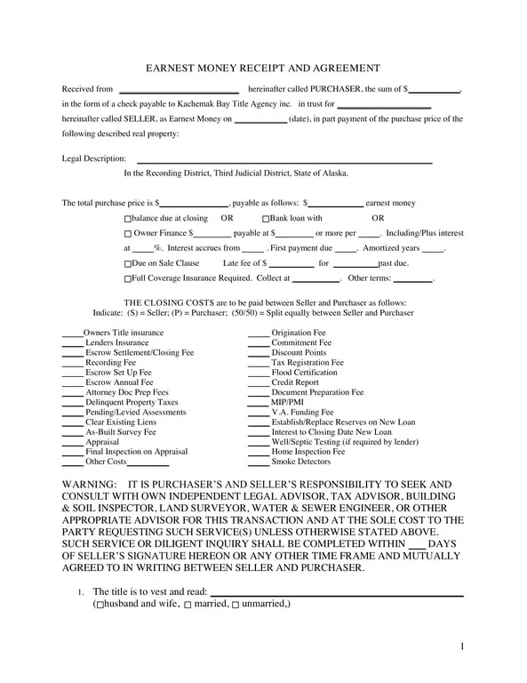 Get the most current Alaska Earnest Money Receipt and Agreement with Multiple Payment Options form now