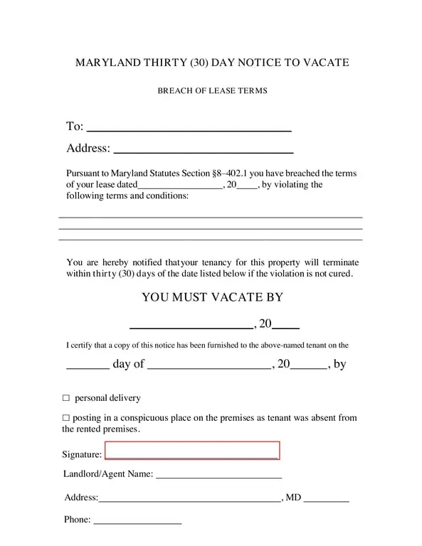 Get the most current Maryland 30 Day Notice to Vacate under Section §8–402.1 form now