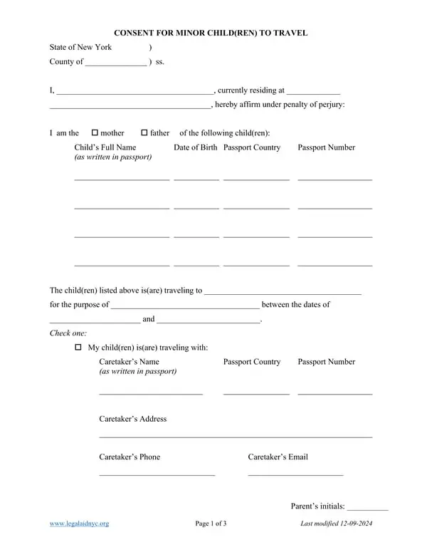 Get the most current New York Minor Child Travel Authorization Overview form now