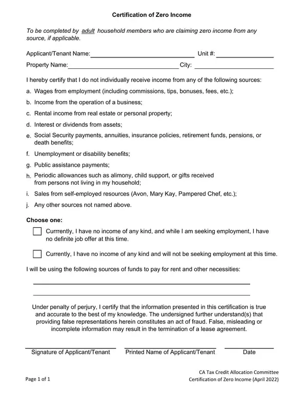 Get the most current California Certification of Zero Income for Tenants form now
