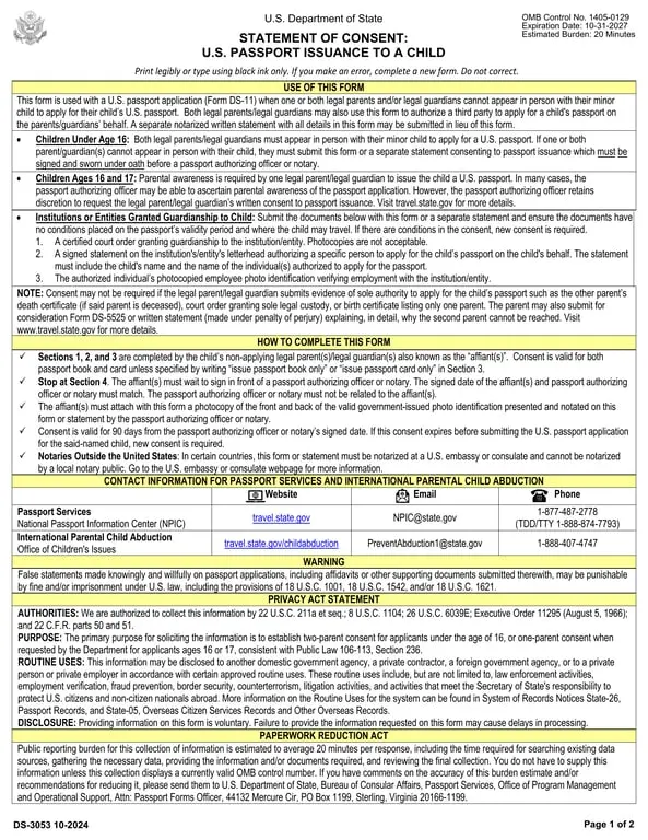 Get the most current DS-3053 Maryland Child Passport Consent Statement form now