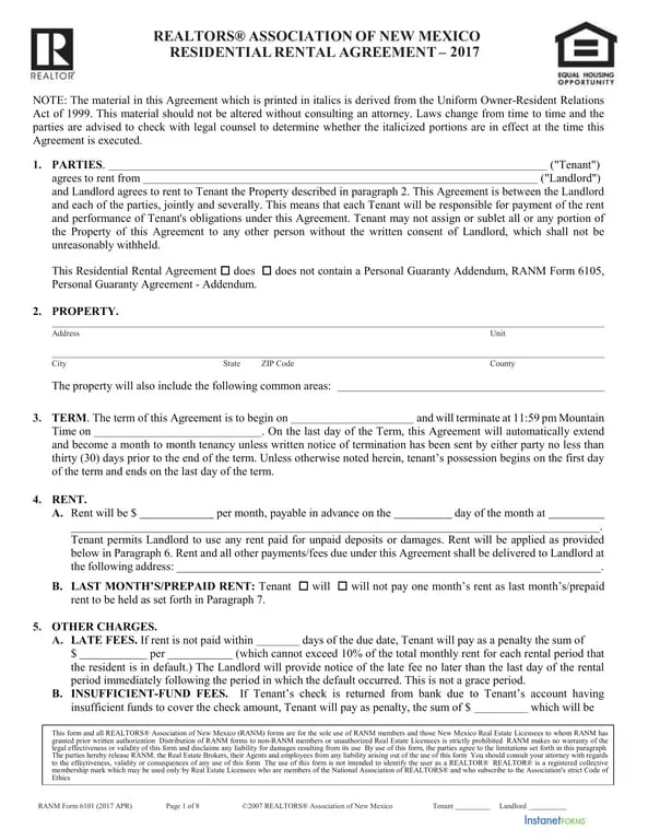 Get the most current New Mexico Residential Rental Agreement RANM 6101 Update form now