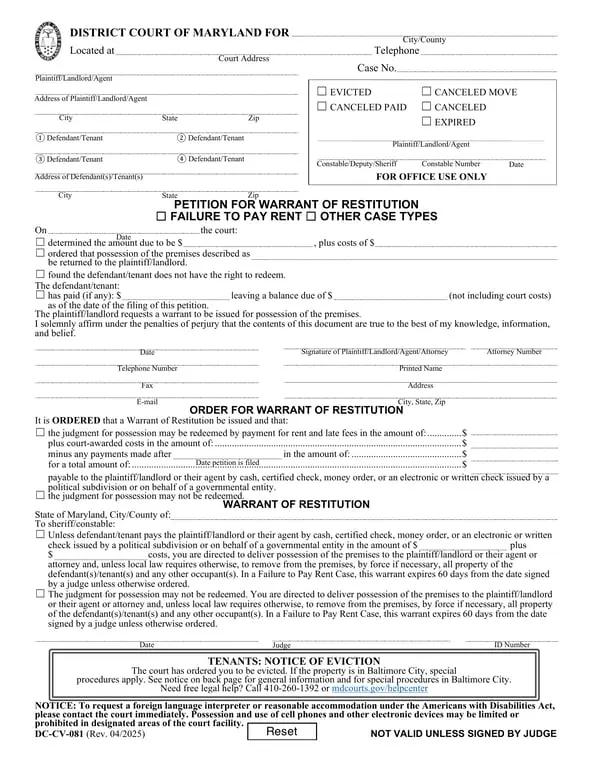 Get the most current Maryland Warrant of Restitution Petition - Landlords Legal Possession Request form now