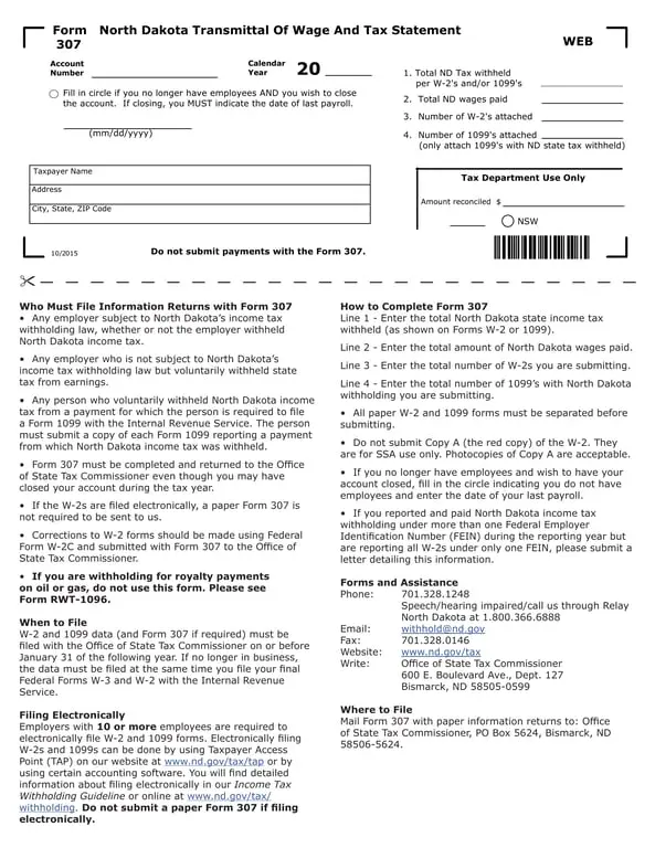 Get the most current North Dakota Wage and Tax Statement 307 Transmittal form now