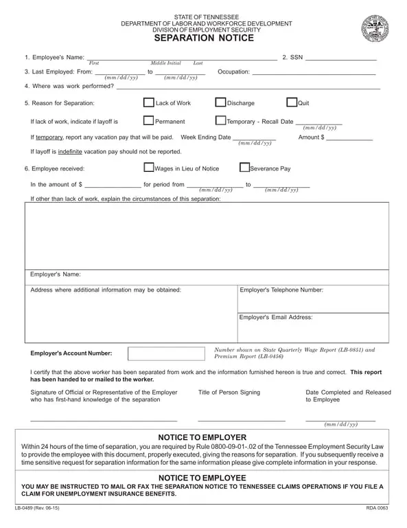 Get the most current Tennessee Separation Notice Details form now