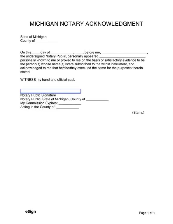 Get the most current Michigan Notary Acknowledgment Legal Document Certification form now