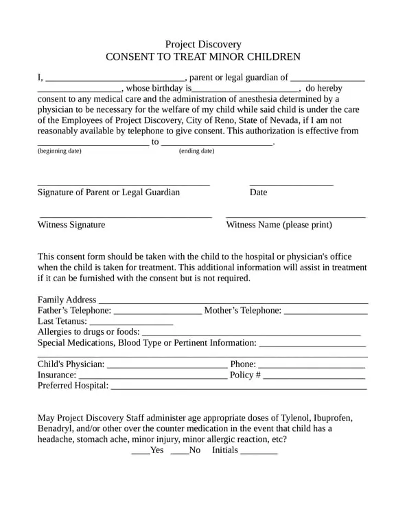 Get the most current Project Discovery Minor Child Medical Treatment Consent Form form now