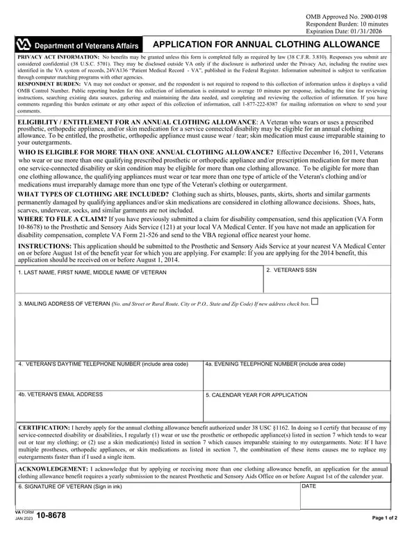 Get the most current VA 10-8678: Annual Clothing Allowance Application for Veterans with Disabilities form now