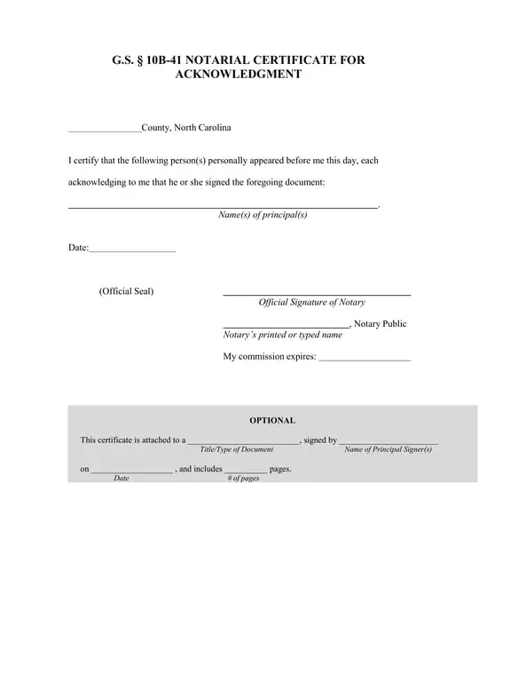 Get the most current North Carolina Child Travel Consent G.S. § 10B-41 Notarial Certificate for Acknowledgment form now