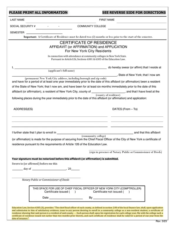 Get the most current New York City Residency Affidavit for Community College Applicants form now