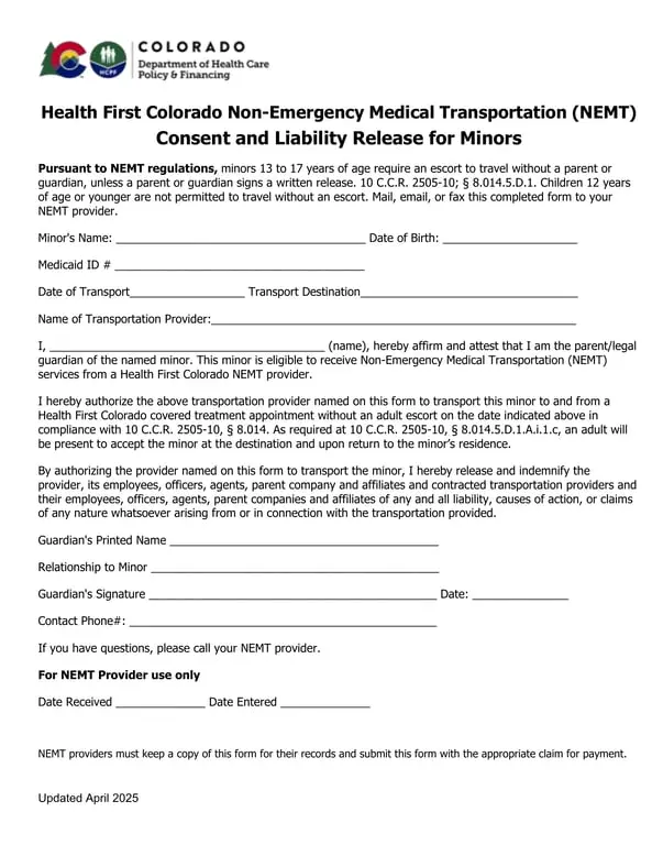 Get the most current Colorado Minor Medical Transportation Consent and Liability Release form now