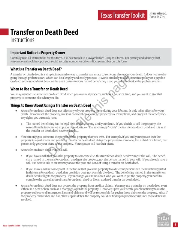 Get the most current Texas Toolkit - Transfer on Death Deed for Simplified Real Estate Transfer form now