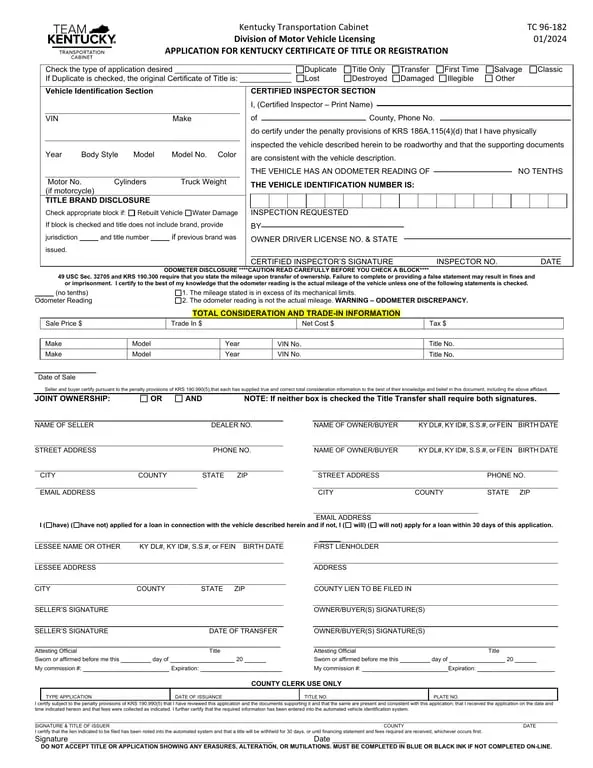 Get the most current Kentucky Vehicle Title and Registration Application TC 96-182 form now