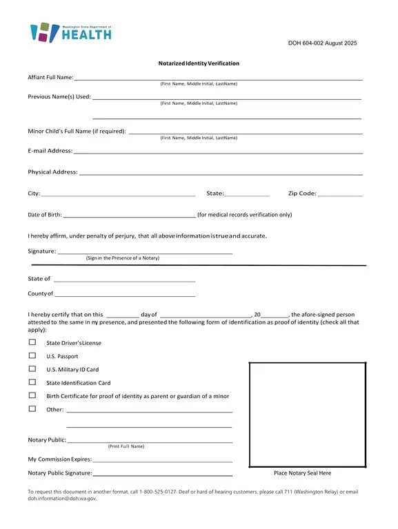 Get the most current Washington DOH 604-002 - Official Identity Declaration and Medical Records Verification form now