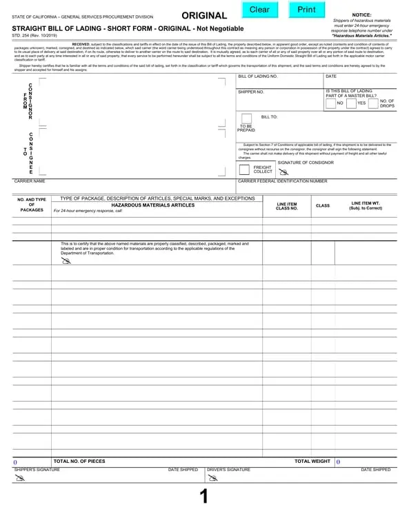 Get the most current STD 254- California Straight Bill of Lading for Safe Transportation of Goods form now