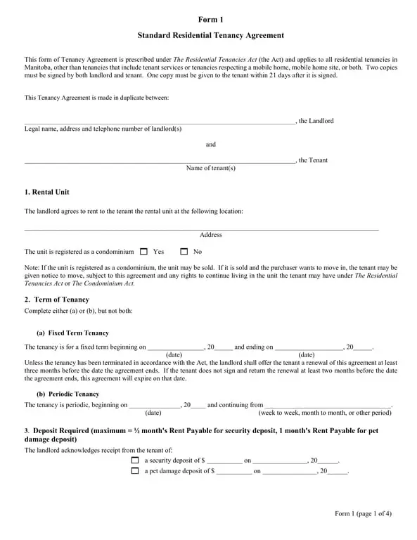 Get the most current Manitoba Standard Residential Tenancy Agreement - Form 1 form now