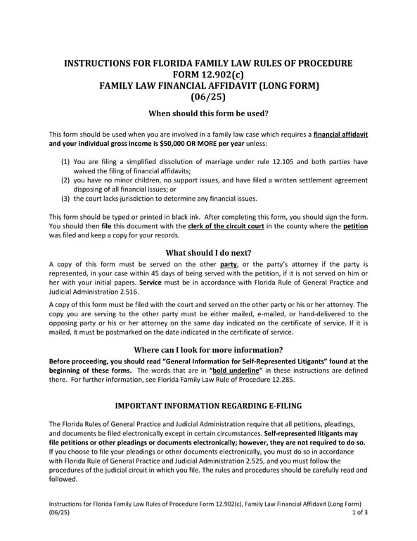 Get the most current Florida Family Law Financial Affidavit Long Form 12.902(c) Overview form now