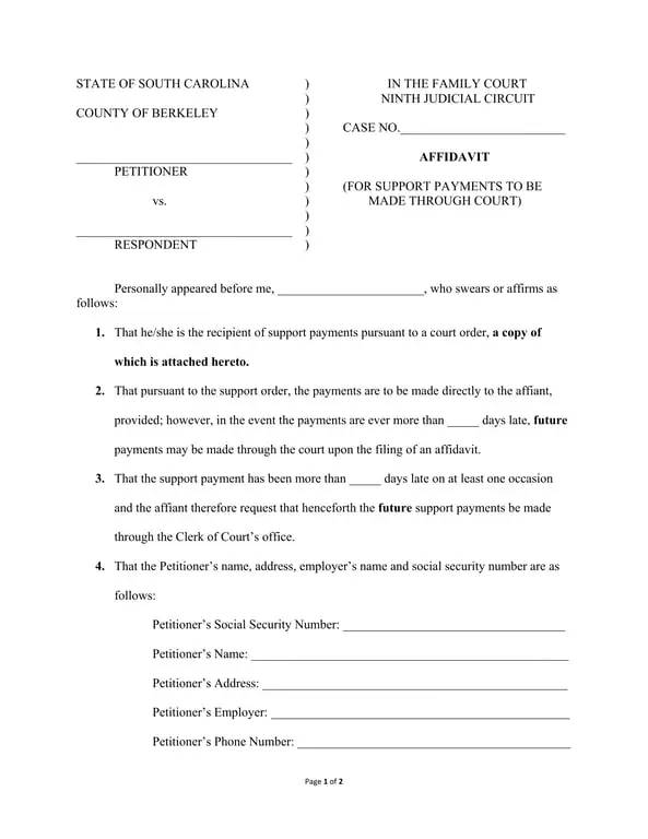 Get the most current South Carolina Ninth Judicial Circuit Support Payment Affidavit form now