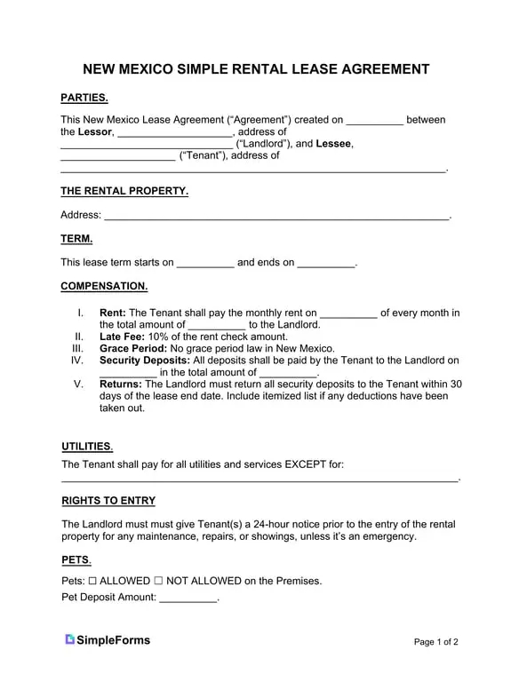 Get the most current New Mexico Basic Rental Agreement Outline and Terms form now