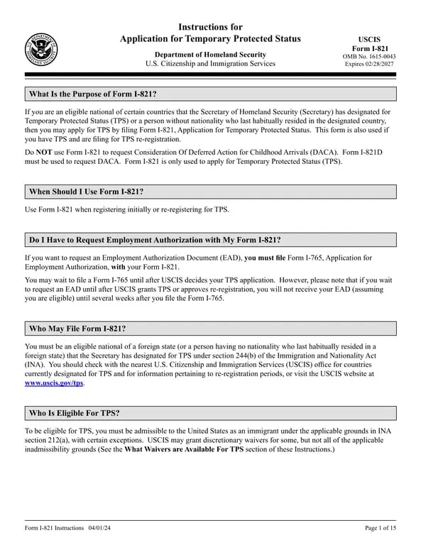 Get the most current DHS USCIS I-821 Temporary Protected Status Application form now