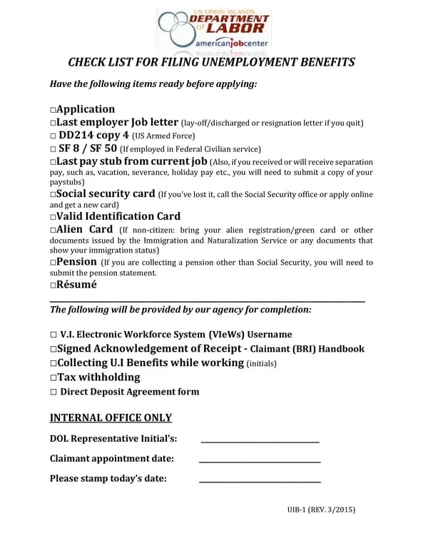 Get the most current UIB-1 Unemployment Benefits Application U.S. Virgin Islands form now