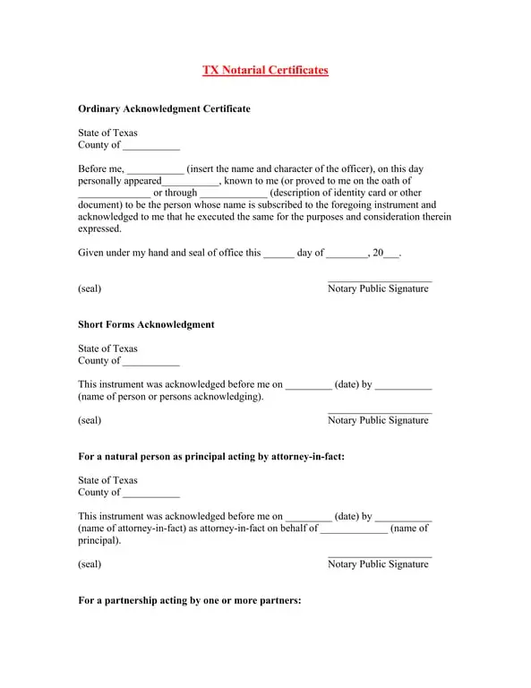 Get the most current Texas Notarial Certificates - Ordinary and Short Form Acknowledgments form now