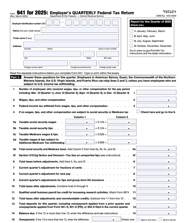 Get the most current IRS 941 – Employer’s Quarterly Federal Tax Return form now