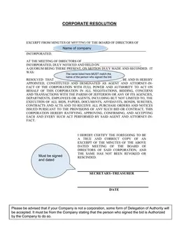 Corporate Resolution - Director's Board Meeting Extract and Agent Appointment form preview