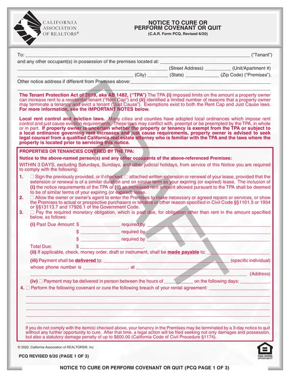 Get the most current California Tenant Protection Act Notice - C.A.R. Form PCQ Revised 6/20 form now
