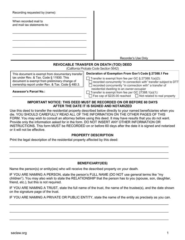 Get the most current California Transfer on Death Deed - Probate Code Section 5642 Exemption - Revocable TOD form now
