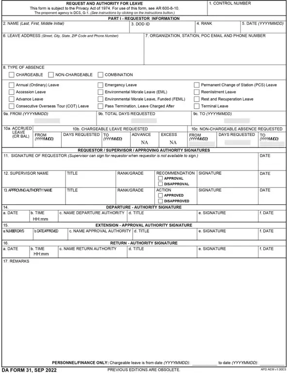 Get the most current DA 31 – Request and Authority for Leave form now
