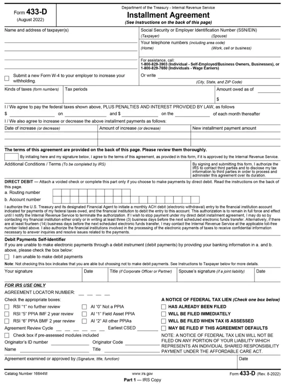 Get the most current 433-D – Installment Agreement for Tax Payment form now