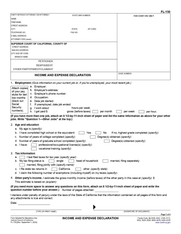 Get the most current CA FL-150 – Income and Expense Declaration (California) form now