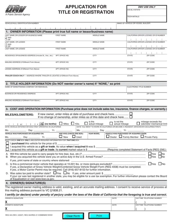 Get the most current California DMV Title or Registration Application REG 343 form now