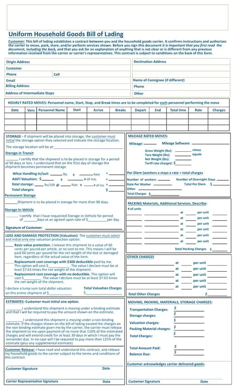 Get the most current Washington Straight Bill of Lading - Binding and Non-Binding Moving Estimates with Goods Storage Clauses form now