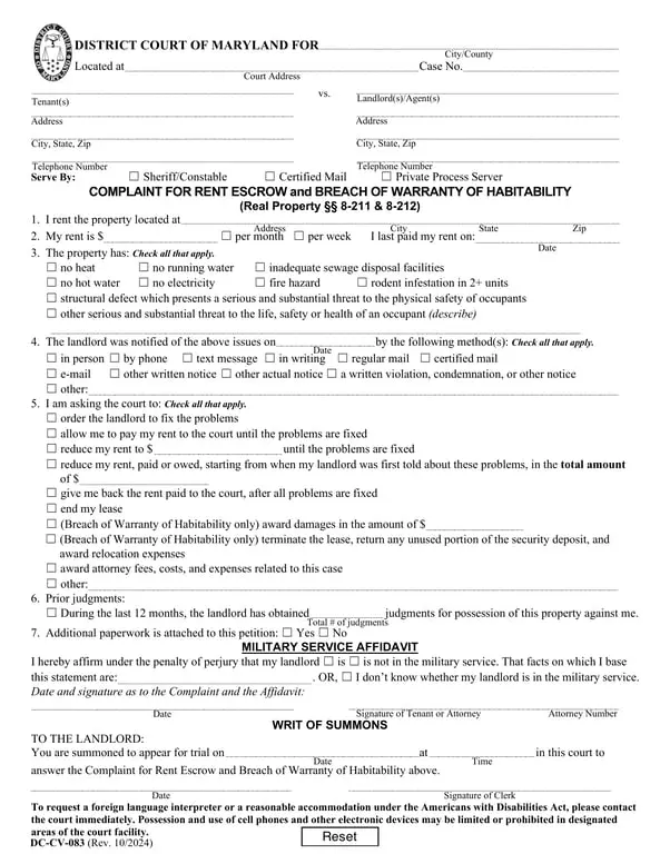 Get the most current Maryland District Court Tenant Complaint Document for Unsafe Living Conditions form now