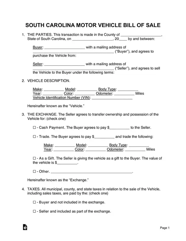 Get the most current South Carolina Vehicle Sale and Purchase Agreement Details form now